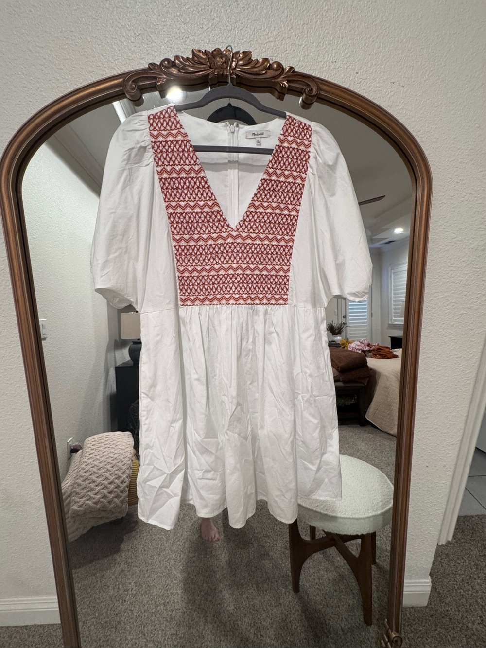 Madewell White Mini Dress with Red Embroidered V-Neck
